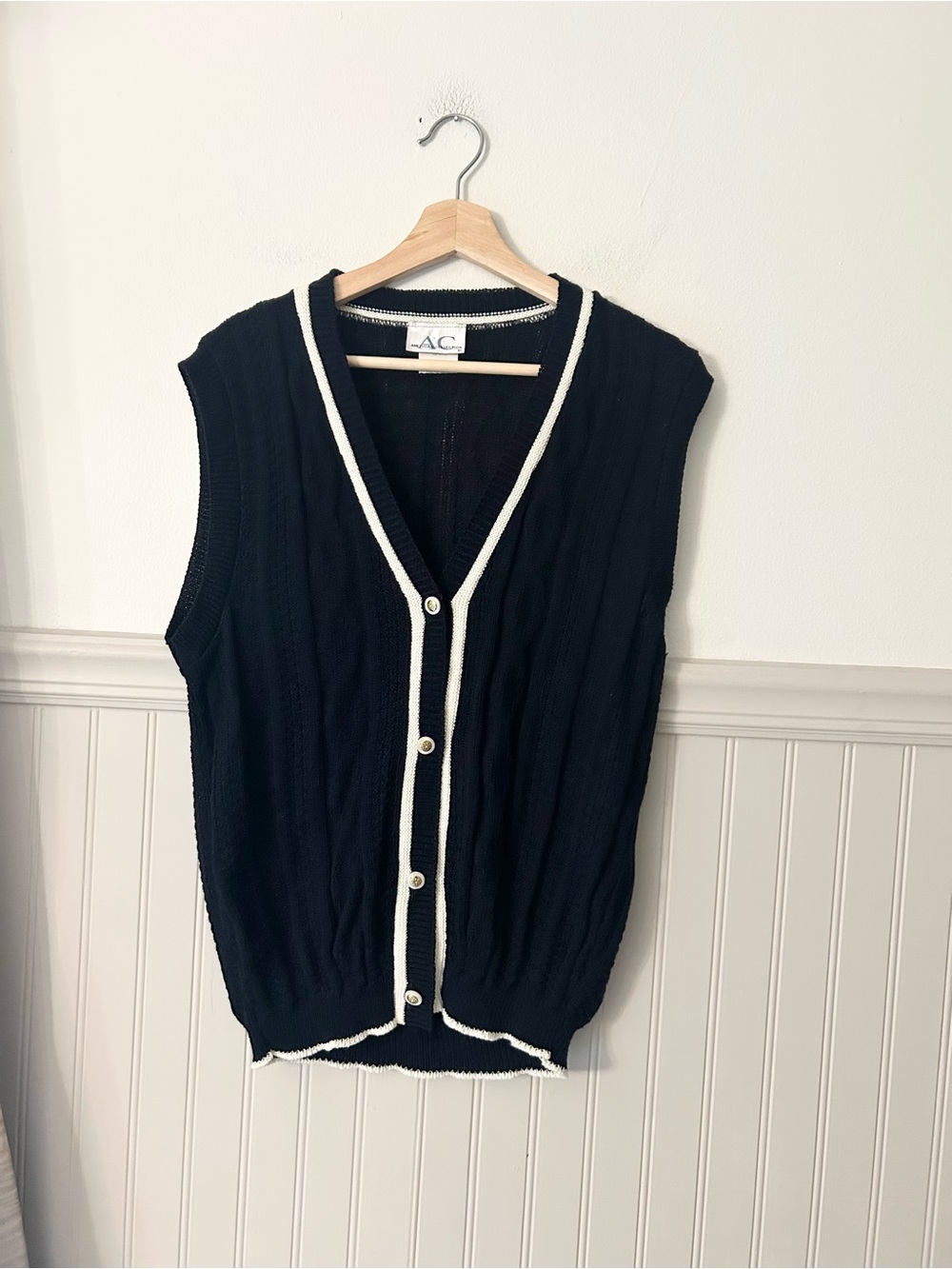 Vintage 90s American Collection Small Black Cream Trim Sweater Vest